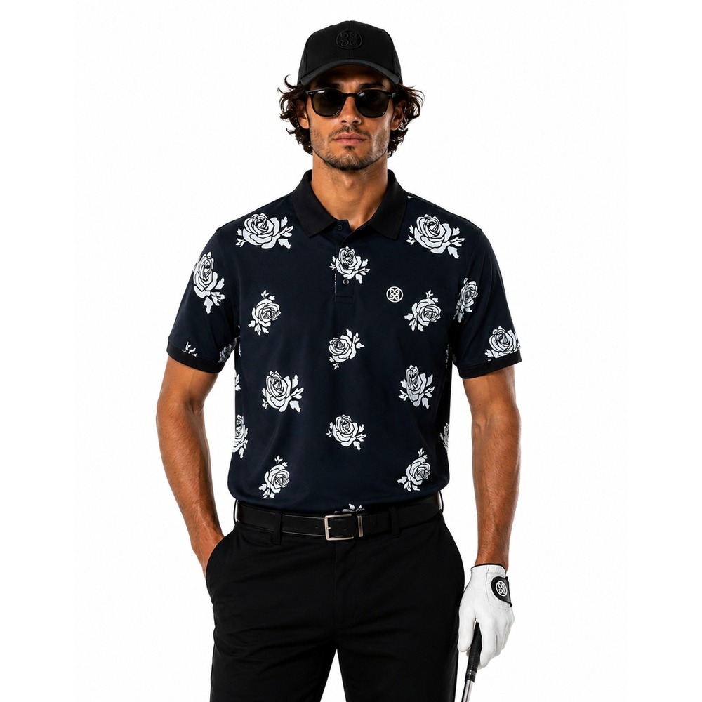 G/FORE Mens Rose Buds Tech Jersey Golf Polo Shirt Onyx Black Floral Size Large